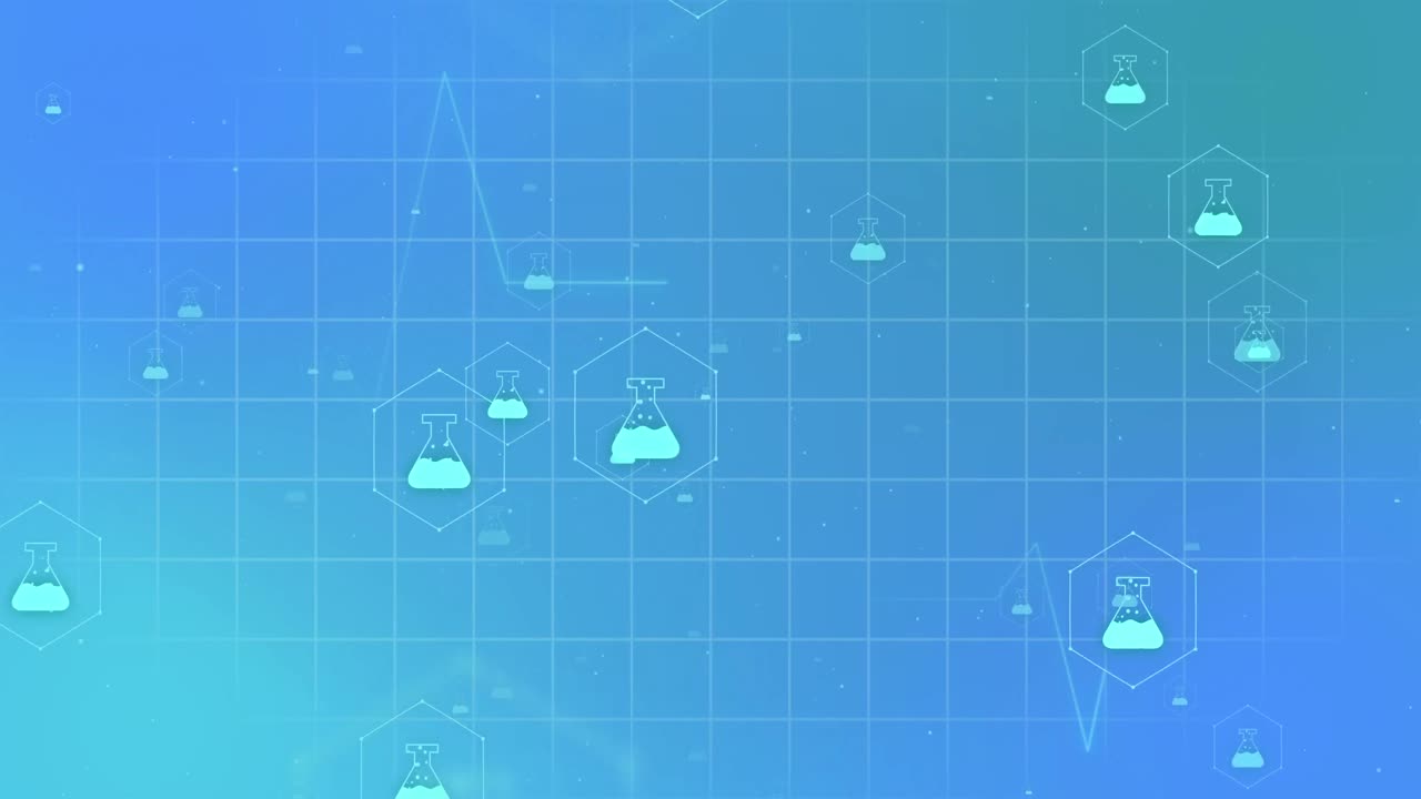 의료 아이콘의 애니메이션과 파란색 배경의 그리드 상의 데이터 처리