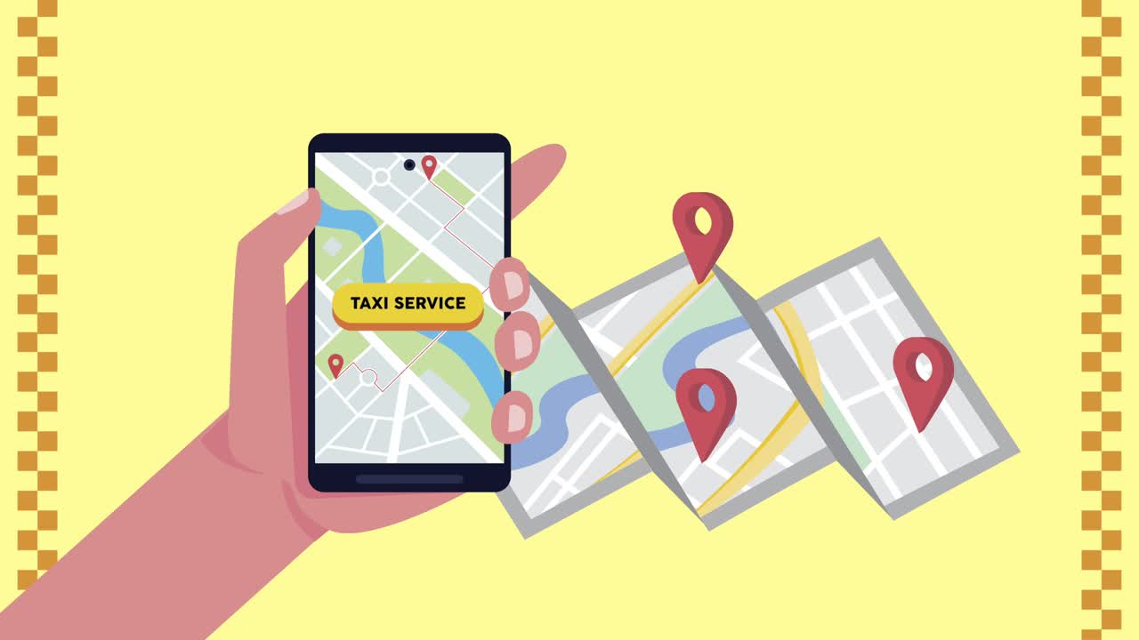 mano con teléfono inteligente y aplicación de taxi