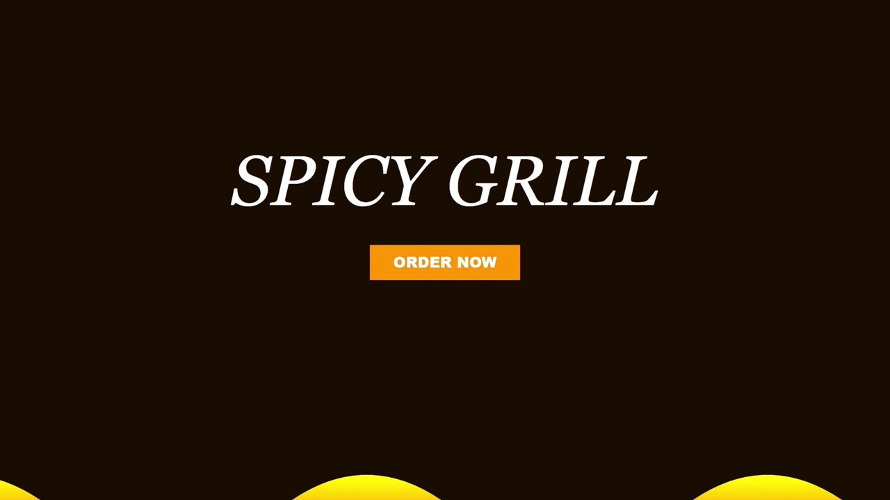 3D-gengivelse af en reklame for en krydret grillrestaurant med en 'bestil nu'-knap på mørk baggrund, der skaber en madreklameanimation designet til marketingvisuals og videooverlejringer.