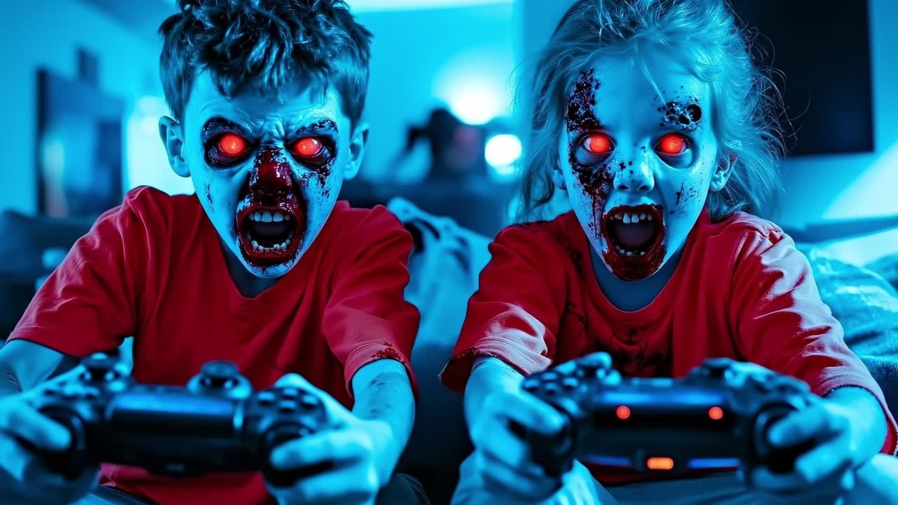 Two children playing video games with zombie makeup