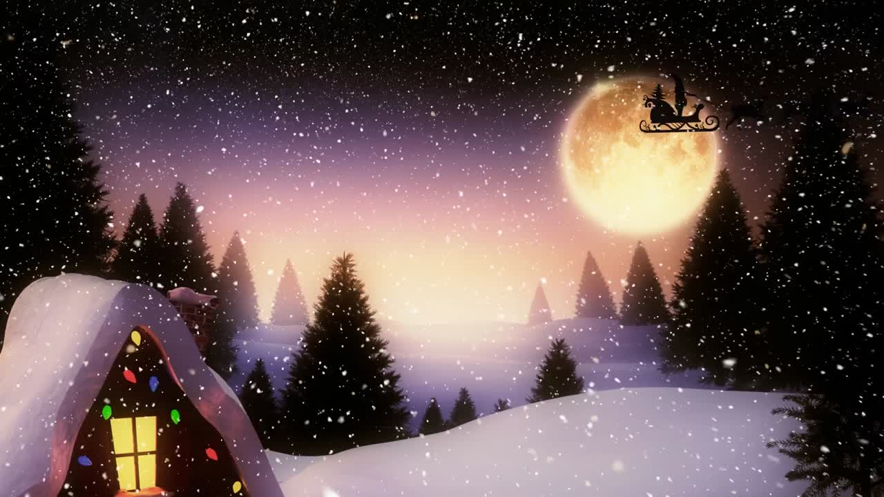 animación de santa claus en trineo con renos sobre la nieve que cae y el paisaje invernal