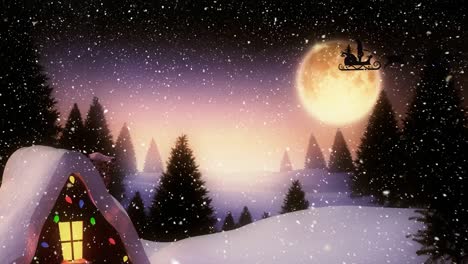 Animation-of-santa-claus-in-sleigh-with-reindeer-over-snow-falling-and-winter-landscape