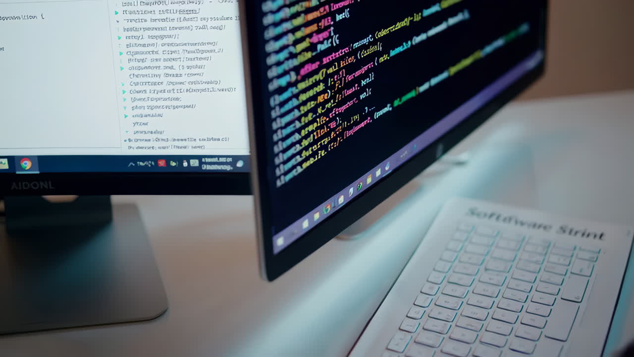 Computer screen displaying code, keyboard on desk