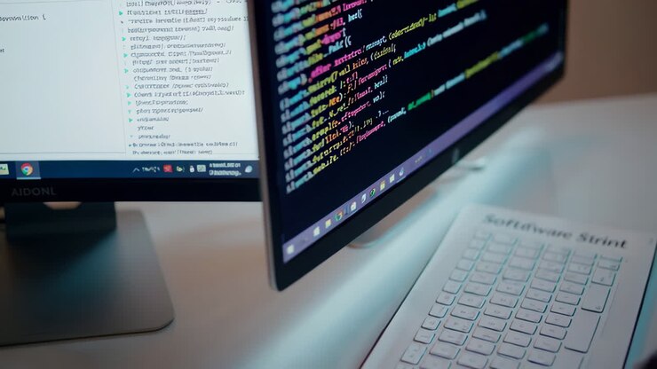 Computer screen displaying code, keyboard on desk