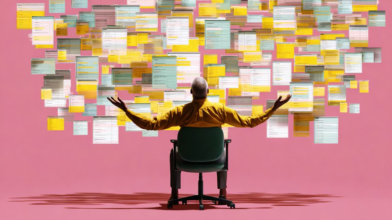 An Individual Surrounded by Floating Digital Notes and Papers, Contemplating Information Overload in a Vibrant Pink Environment, Reflecting on the Challenges of Modern Communication