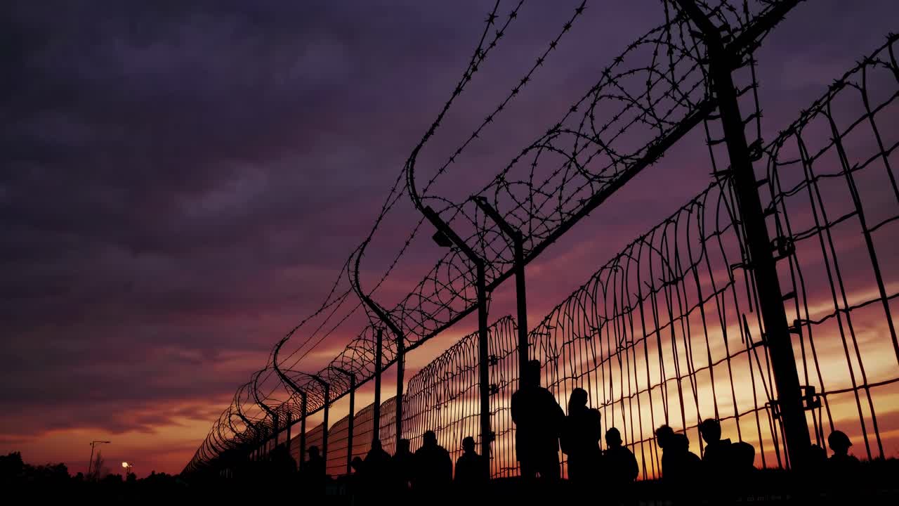 Dramatic low-angle shot of barbed wire fence against a moody sunset sky, perfect for a video