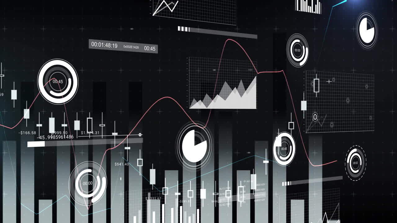 Central pie-chart icon rotating within flat design finance dashboard, showing bars and trend lines