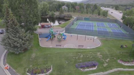 aerial footage of playground in trent park in silverthorne, colorado