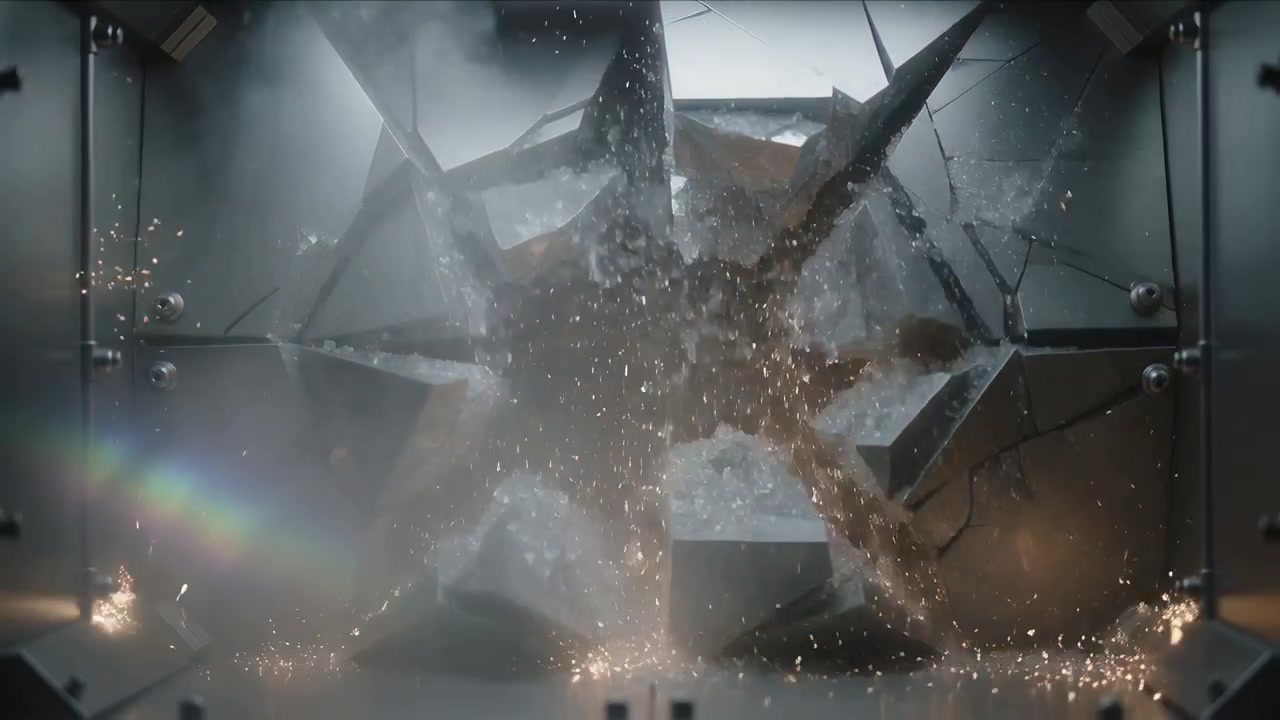 Impacting spike piercing bolted panel in test chamber during ballistic test, rupturing with sparks