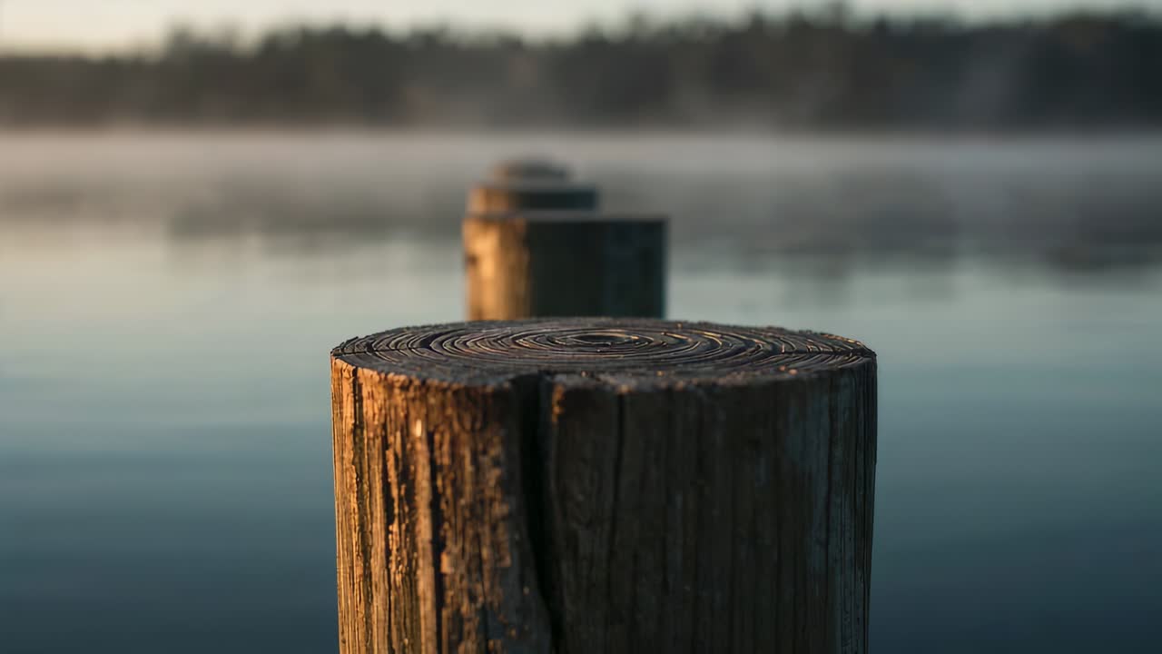 Schwenkende Kamera bewegt sich langsam nach rechts über einen Pier am Seeufer und enthüllt dabei Details von verwitterten Holzpfählen.