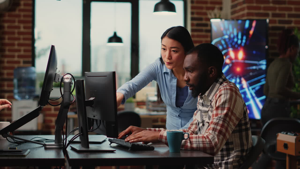 African american and asian people doing teamwork