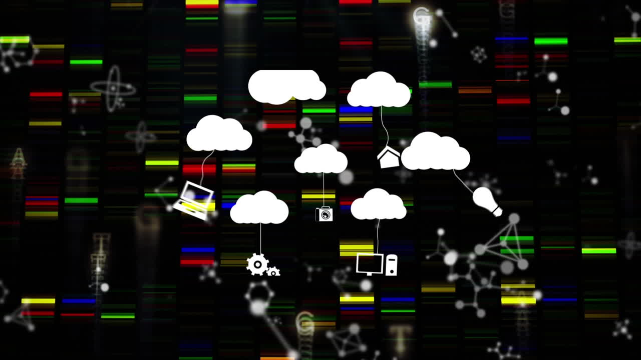 Animation of clouds with icons over moving columns and molecules