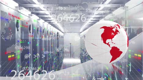 animación del procesamiento de datos y globo sobre servidores informáticos