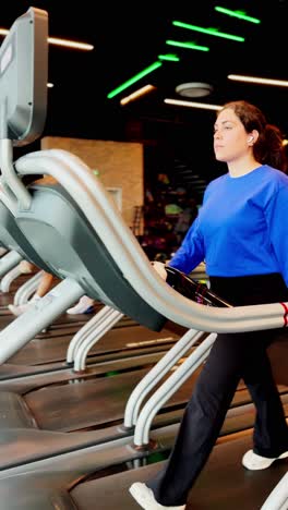 Young woman starting to walk on treadmill at gym