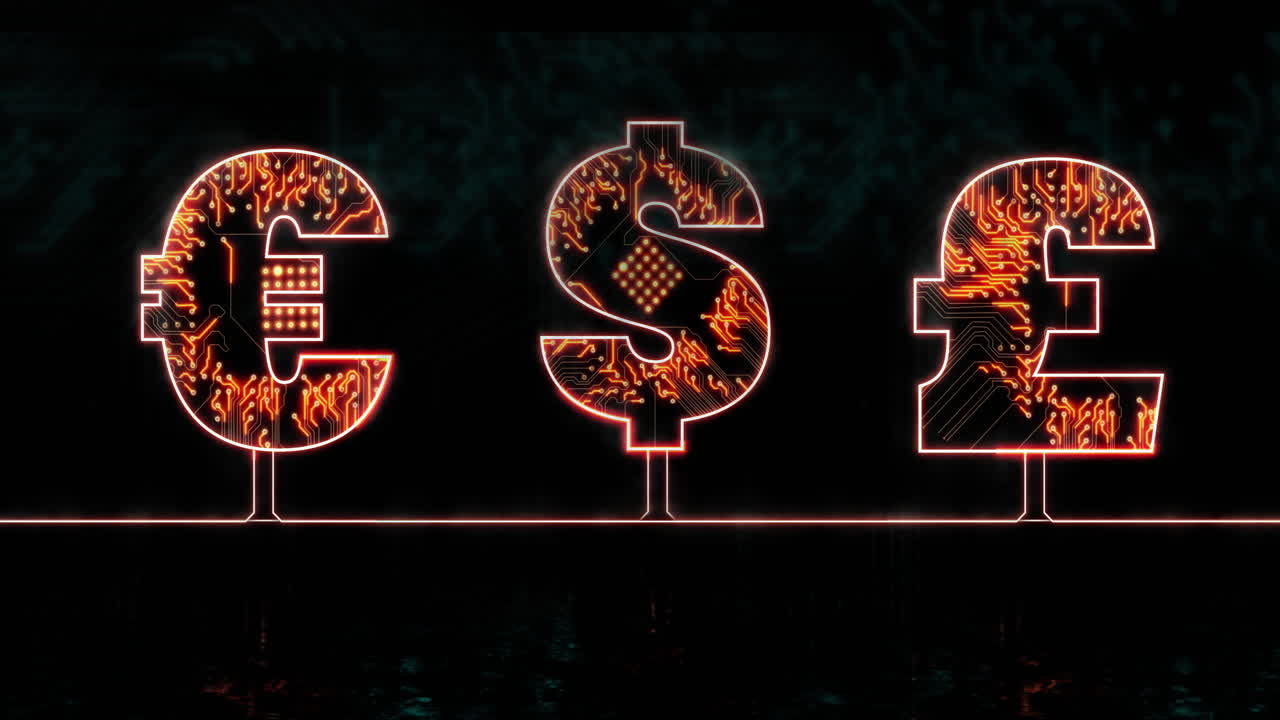 animación de signos monetarios con placa de circuitos y procesamiento de datos sobre fondo negro