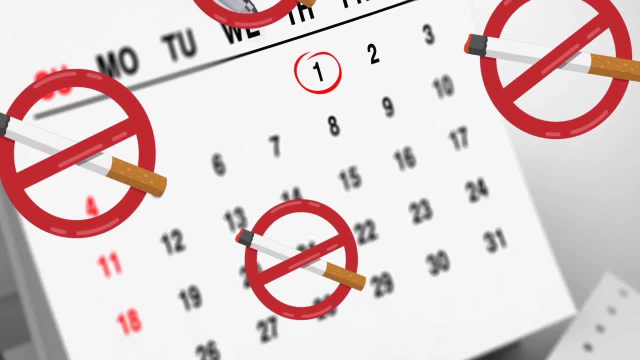 캘린더 와 펜 위 에 금지 표지판 이 있는 담배 의 애니메이션