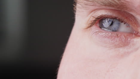 close up shot of male blue eyes crying with tears draining