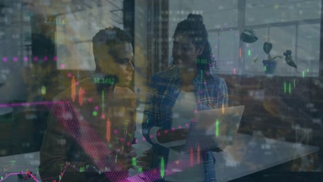 animation of financial data processing over diverse business people in office