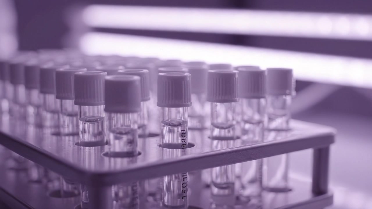 A Close-Up View of Transparent Test Tubes on a Rack Emitting a Soft Purple Glow Under Bright LED Lighting, Illustrating Modern Scientific Research Techniques