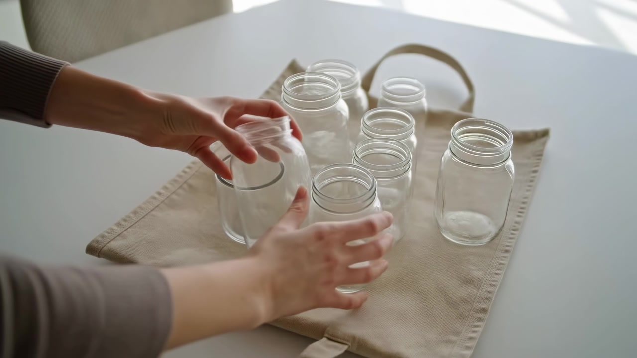 Persoon die glazen potten op een stoffen tas rangschikt, op een wit tafelblad, met glazen potten, stoffen tas, vanuit een bovenaanzicht, met witte, heldere potten als accenten en een neutrale sfeer.