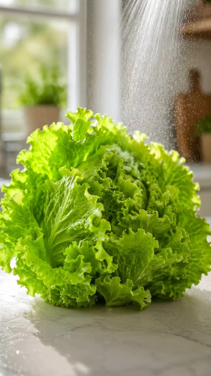 Un singolo cespo di lattuga verde brillante poggia su un piano di lavoro in marmo chiaro mentre una sottile pioggia d'acqua cade dall'alto, lasciando goccioline sospese, foglie lucide, piccole pozzanghere e la luminosa luce diurna della cucina