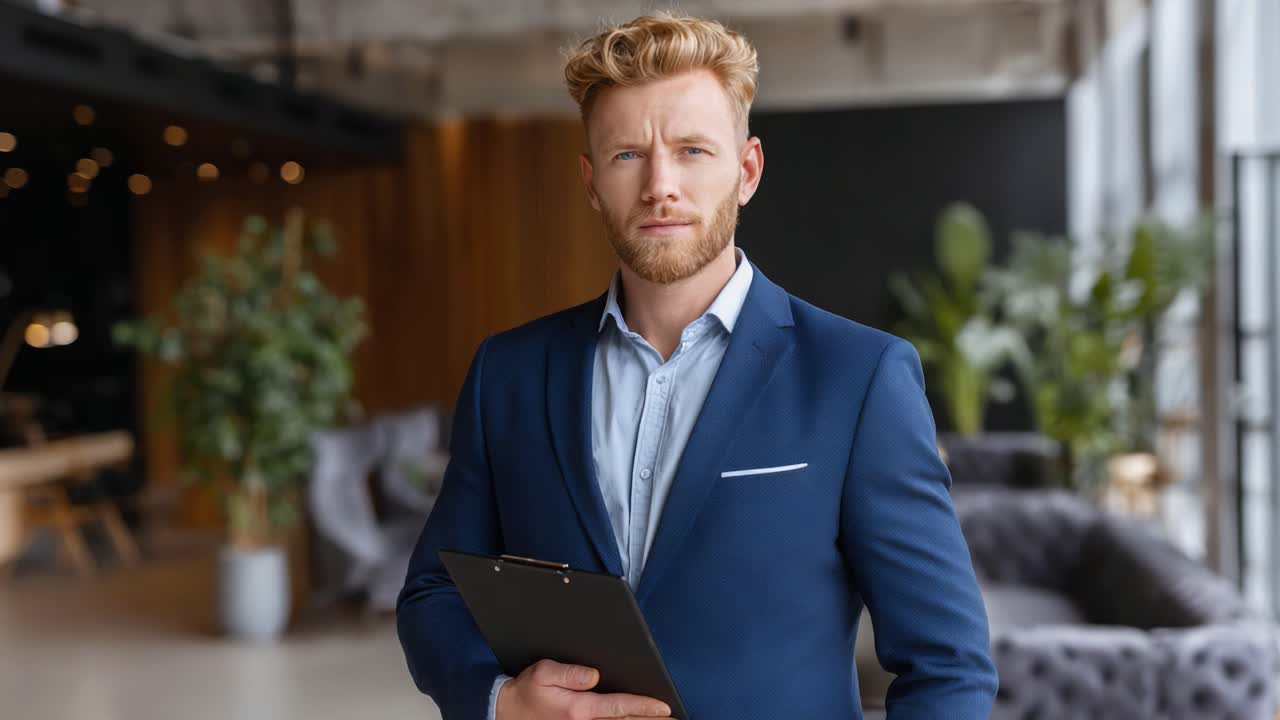Confident Professional Man in a Suit Posing with a Clipboard in an Elegant Office Setting, Showcasing Leadership and Business Acumen