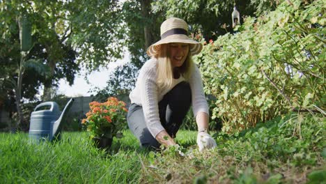 caucasian woman wearing a hat and gardening gloves gardening in the garden