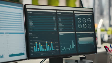 vertical video empty corporate workstations with computers running financial diagnostics