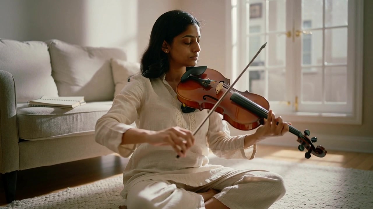 Violinista indiano, de kurta, sentado de pernas cruzadas no tapete, tocando o arco e praticando em casa com seu violino.