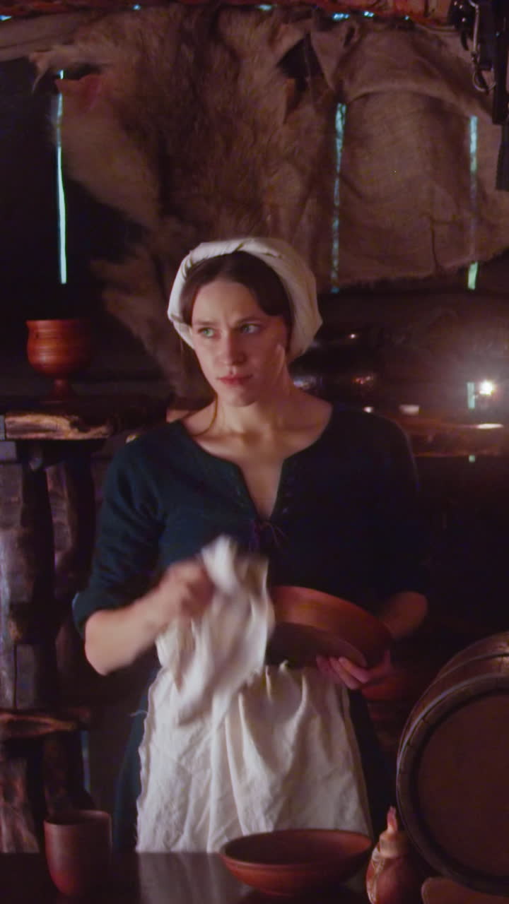 걱정스러운 웨이트리스는 술집에서 이마를 는다. 아프론을 입은 중세 하녀는 게스트하우스에서 카운터에 서서 점토 그을 청소한다. 바쁜 여자가 숙소에서 일한다.