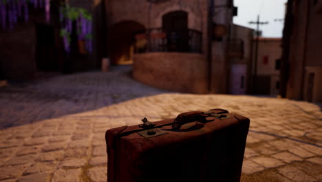 vintage suitcase on cobblestone street in an old italian town