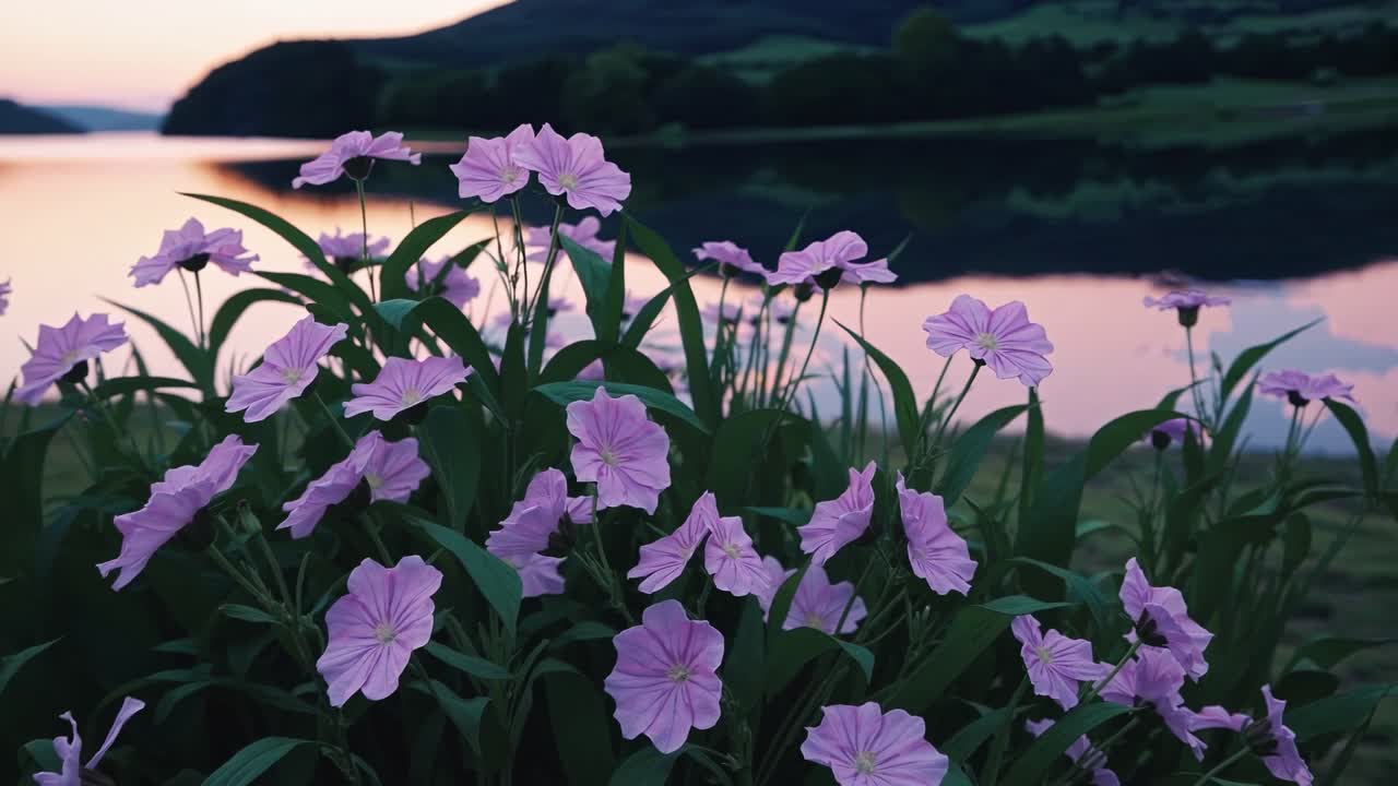 Serene video scene of pink flowers by a lake at sunset, captured from a low angle
