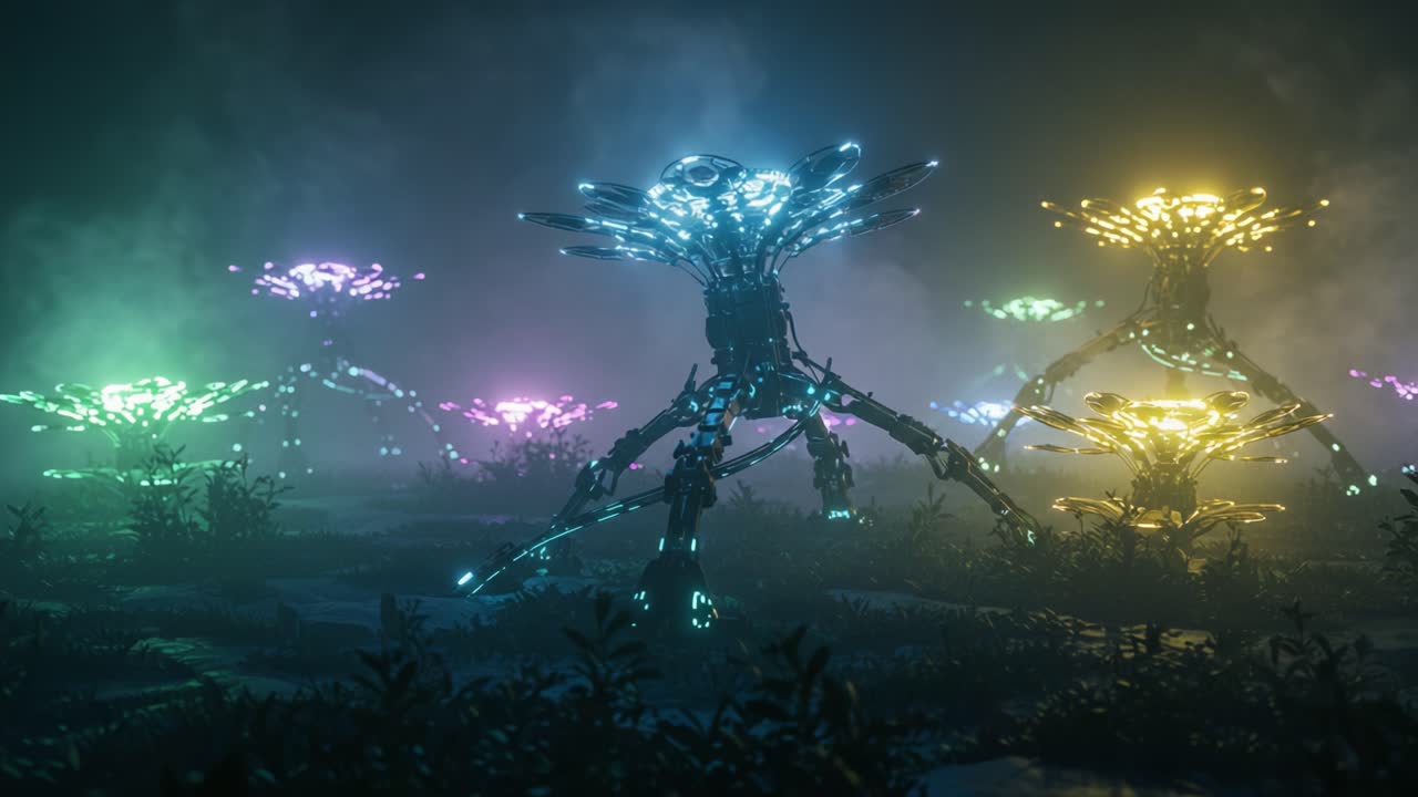 A stunning representation of futuristic, luminous flora-like structures emerging from the misty terrain, casting vibrant colors in an otherworldly landscape filled with mystery