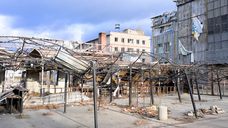 A large urban area lies in ruins after a Russian strike in Kramatorsk, Ukraine. Rubble and debris highlight the devastating impact of the ongoing Ukraine-Russia war and brutal urban warfare.