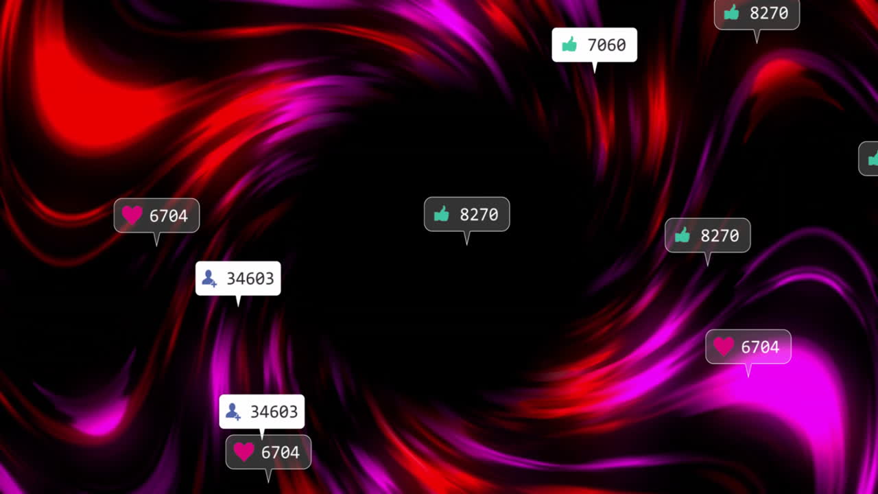 Floating social media icons spiraling over red magenta light waves, showing reaction counts