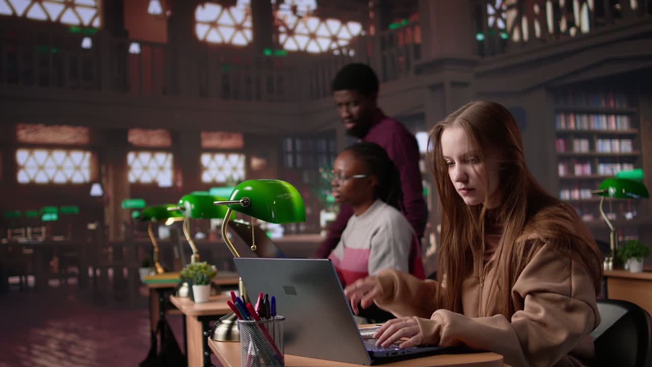 Vertical video college student captivated by literature assignment at the academic library