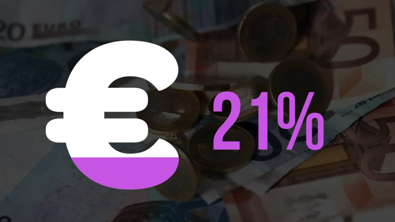 Simbolo dell'Euro e percentuale in crescita che si riempie di rosa su banconote e monete