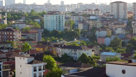 aerial view of a city with buildings and houses