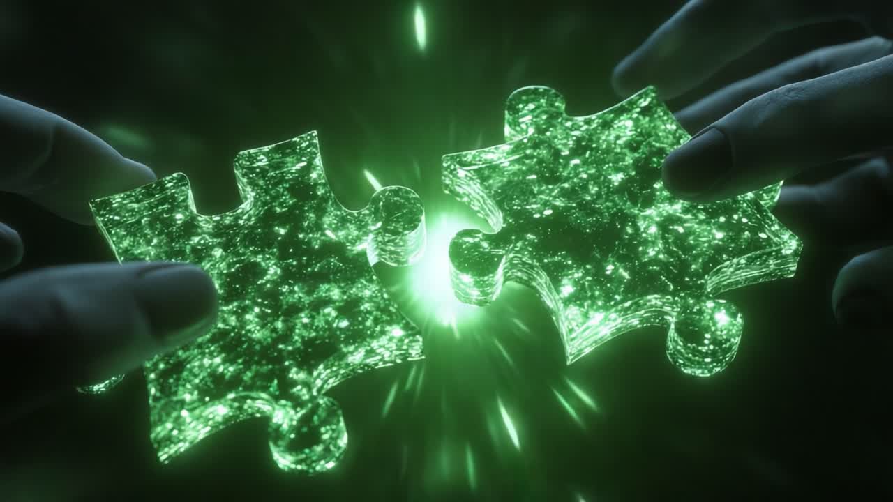 A mesmerizing visual representation of two glowing puzzle pieces being brought together, creating a captivating spectacle of luminescence and energy that symbolizes connection, unity, and resolution