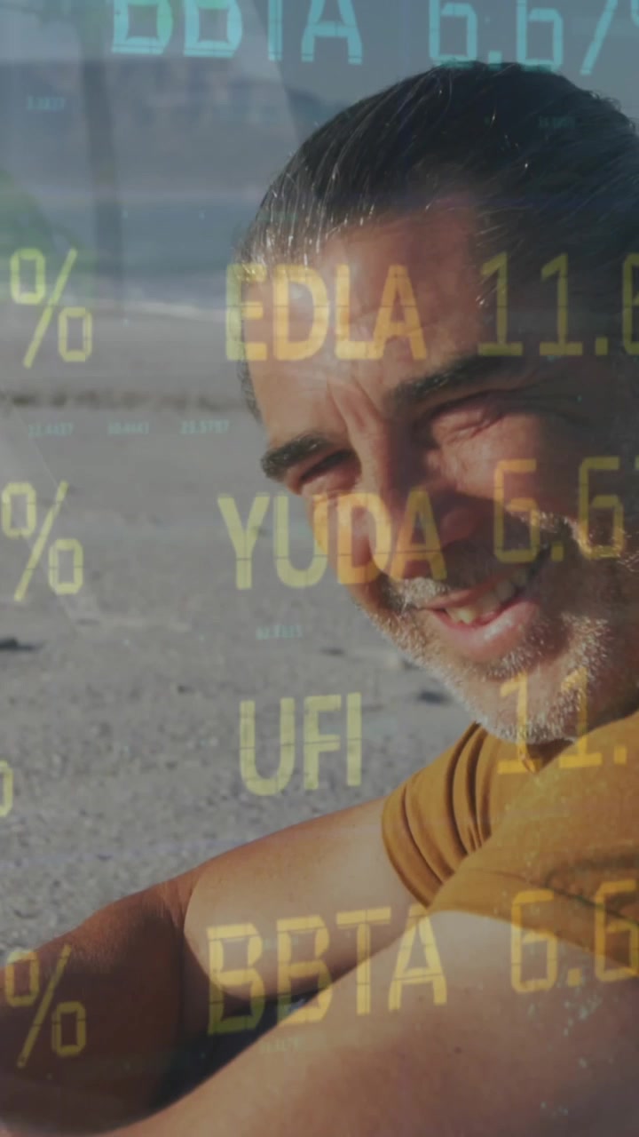 Animazione di un tabellone di trading, parte inferiore di un uomo d'affari che sale i gradini, uomo seduto in spiaggia.