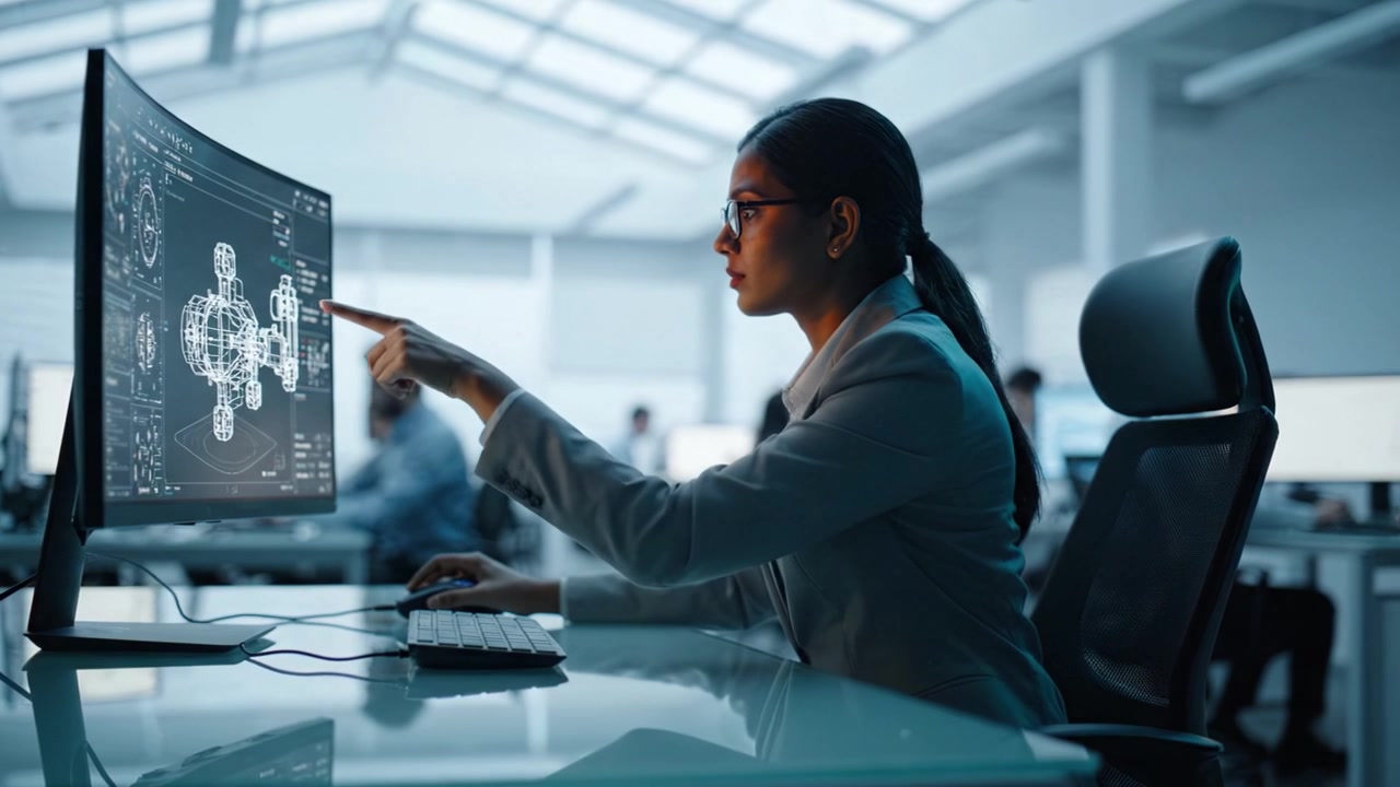 Focused Professional Analyzing Complex Digital Designs on a Computer Screen in a Modern Office Environment