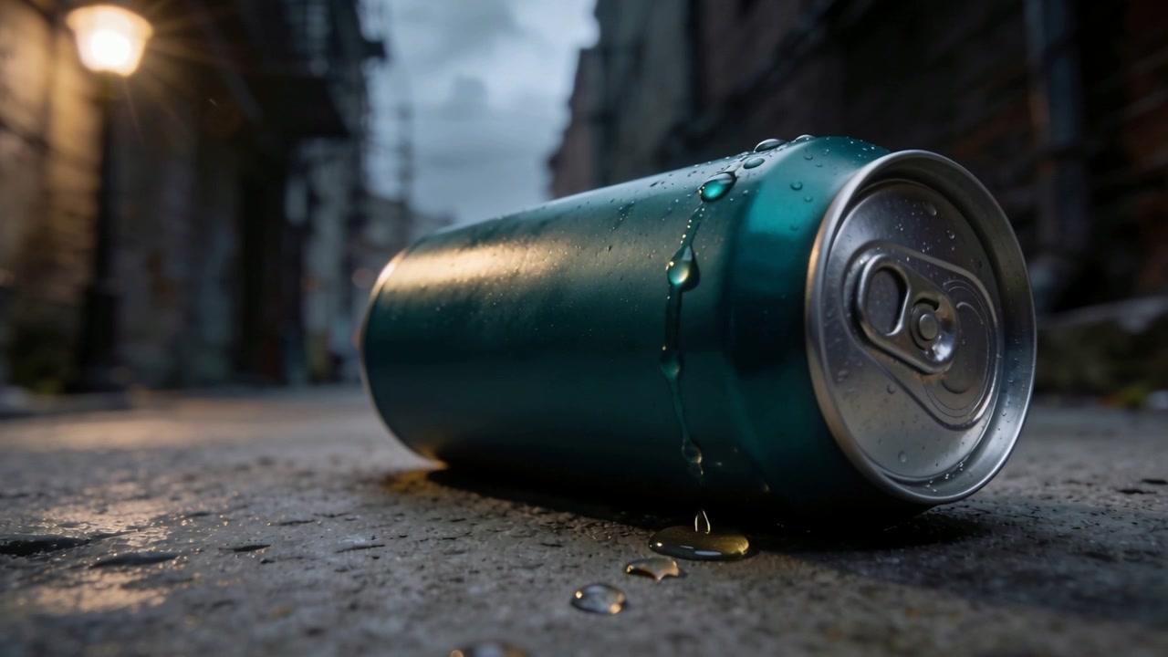 Lattina di Alluminio Color Verde Acqua Che Condensa e Rilascia Goccioline in Stretto Vicolo Urbano al Crepuscolo, con Pavimento Bagnato Che Brilla