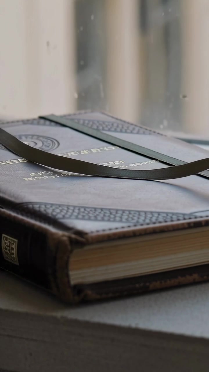 Vertical video: Shifting camera revealing leather-bound journal on windowsill, blind slat crossing