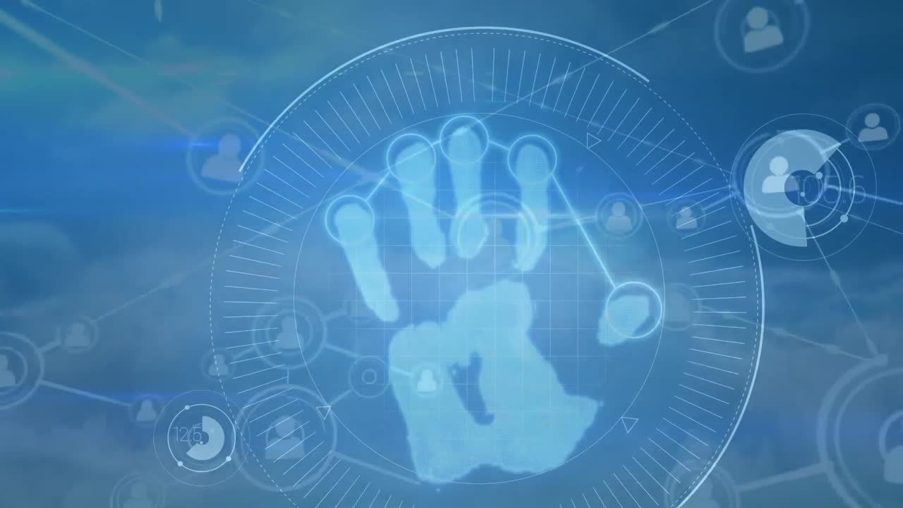 배경의 구름 위에 스코프와 손자국이 있는 연결 네트워크의 애니메이션.