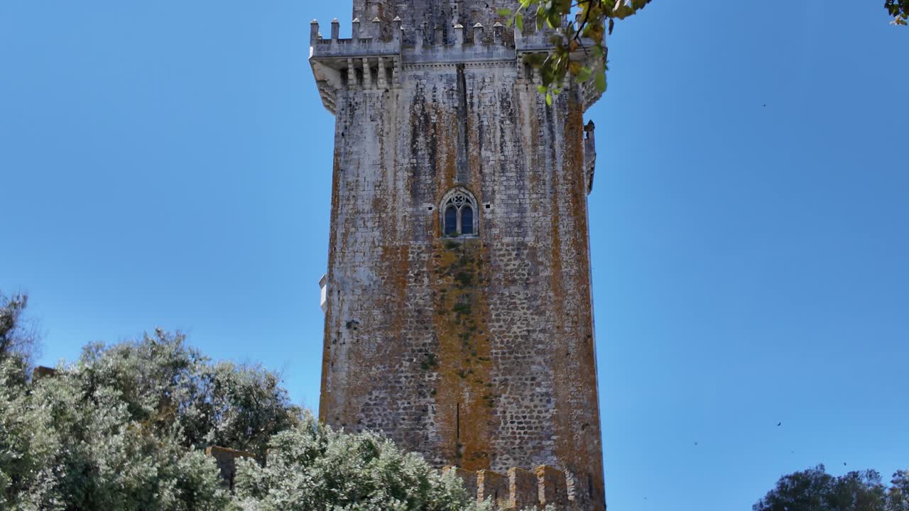 Majestic keep of the Castle of Beja standing tall against a clear blue sky, showcasing medieval architecture in Portugal. Tilt up shot
