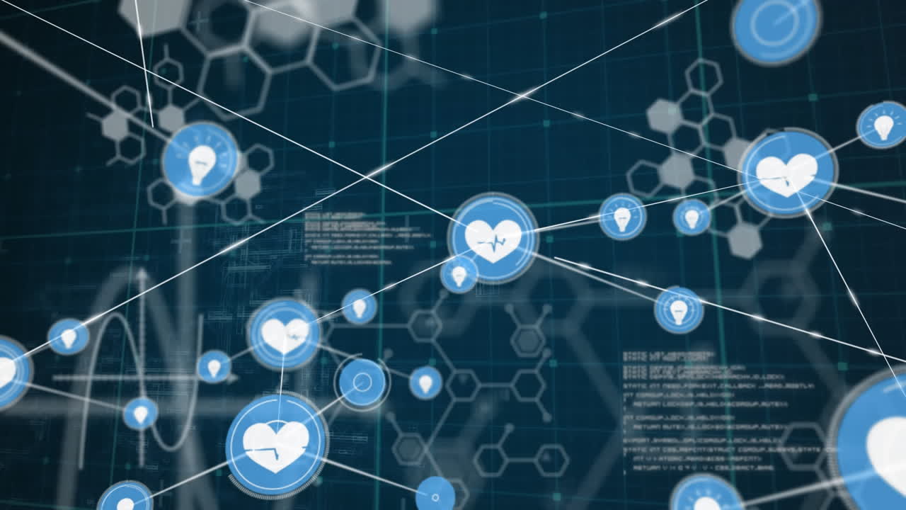 Animation of network of connections with icons and data processing over chemical formula