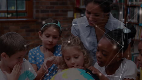 network of connections over female teacher teaching geography to students at elementary school