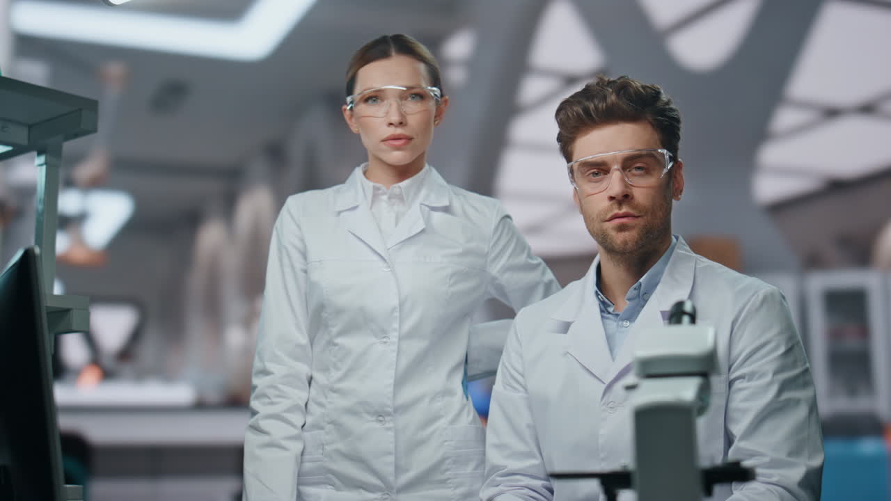 dos científicos confiados posando en una clínica de laboratorio avanzado con uniforme.