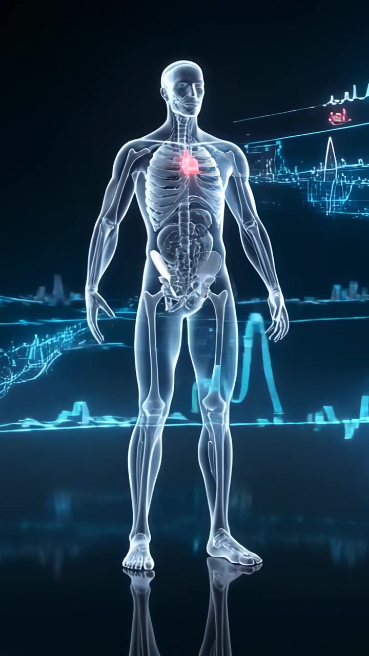 Vertical video: Pulsing adult male model syncing heart to ECG with blue ribbons sweeping floor