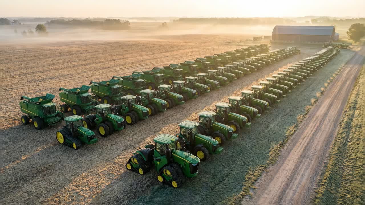Rows of John Deere Tractors and Farm Equipment